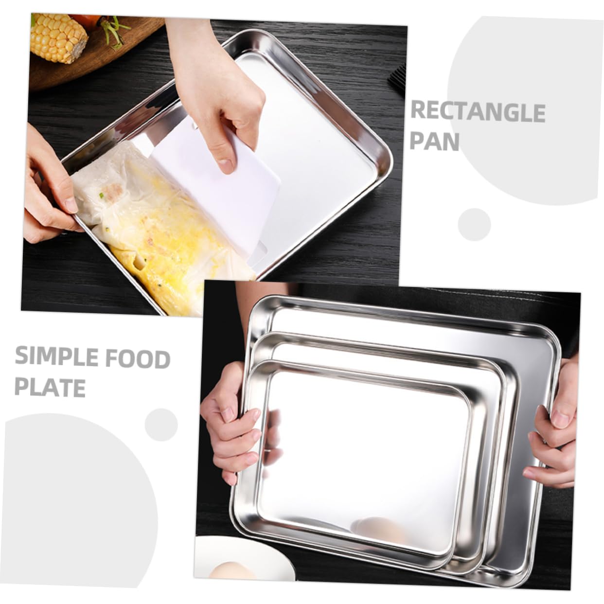 Wakauto 3-piece Stainless Steel Flat Pan Large Tray for Baking Bbq Picnic Family Gathering Easy to Use Storage Plate