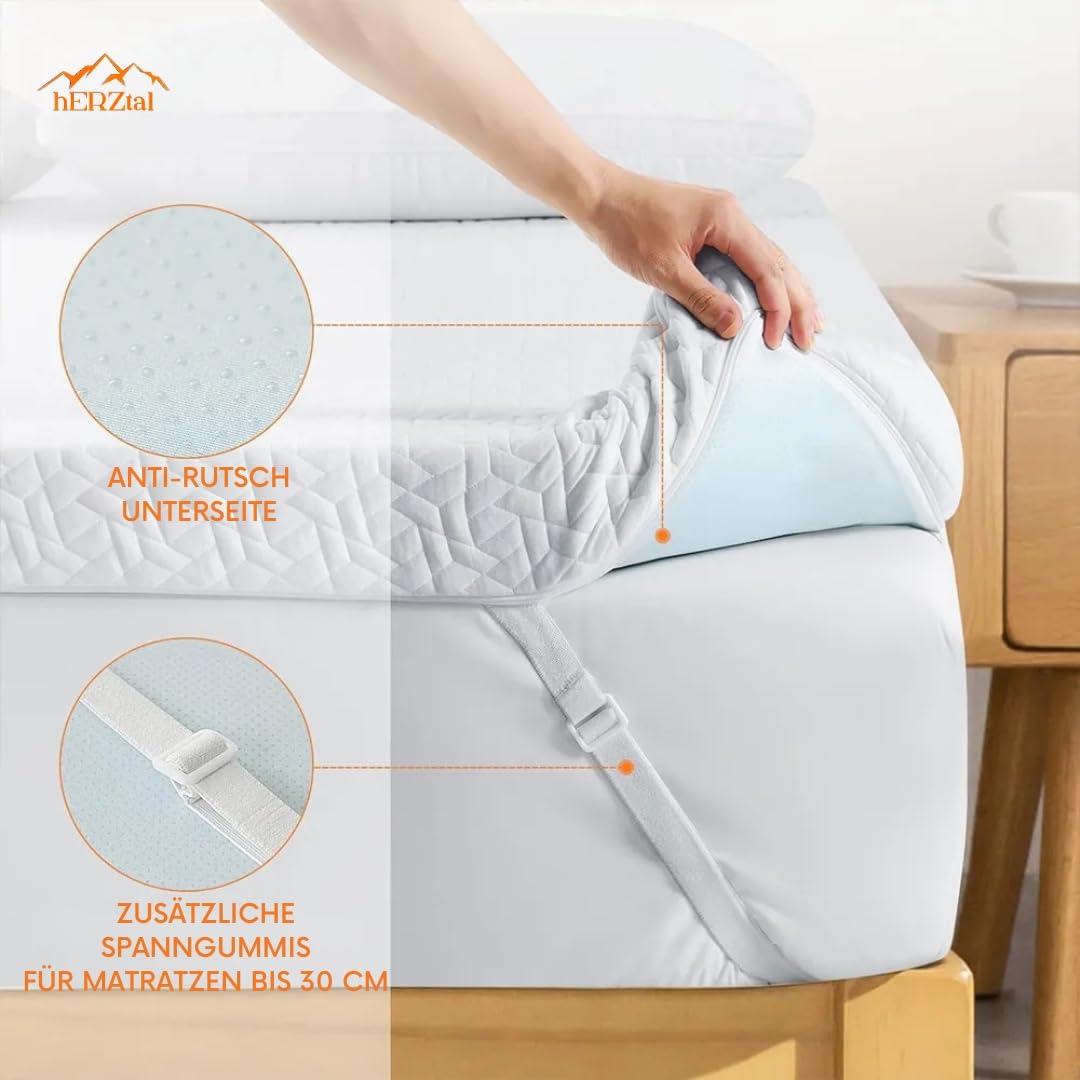 Memory Gel Matratzenauflage mit Atmungsaktivem Double Jersey Bezug, Anti-Rutsch Unterseite, Spannbänder für Matratzen bis 30 cm (140x200cm)