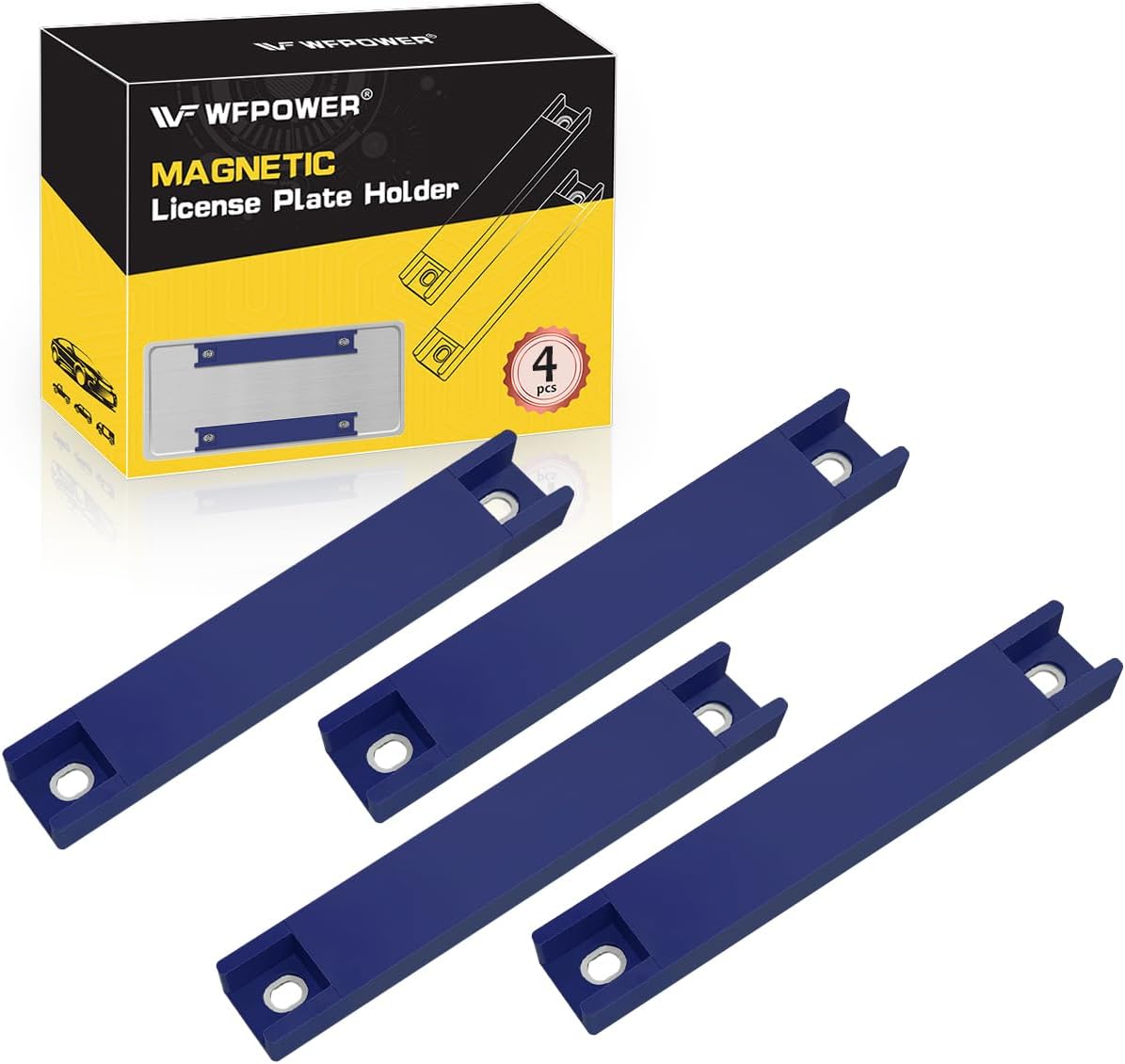 WFPOWER 4 Pack Magnetic License Plate Holder, Dealer Demo Tag Test Drives Rubber Coated Strong Magnetic Protection Magnets BAR Holder for Number Plate Temp Tag Secure No Drill Solution for Car Truck