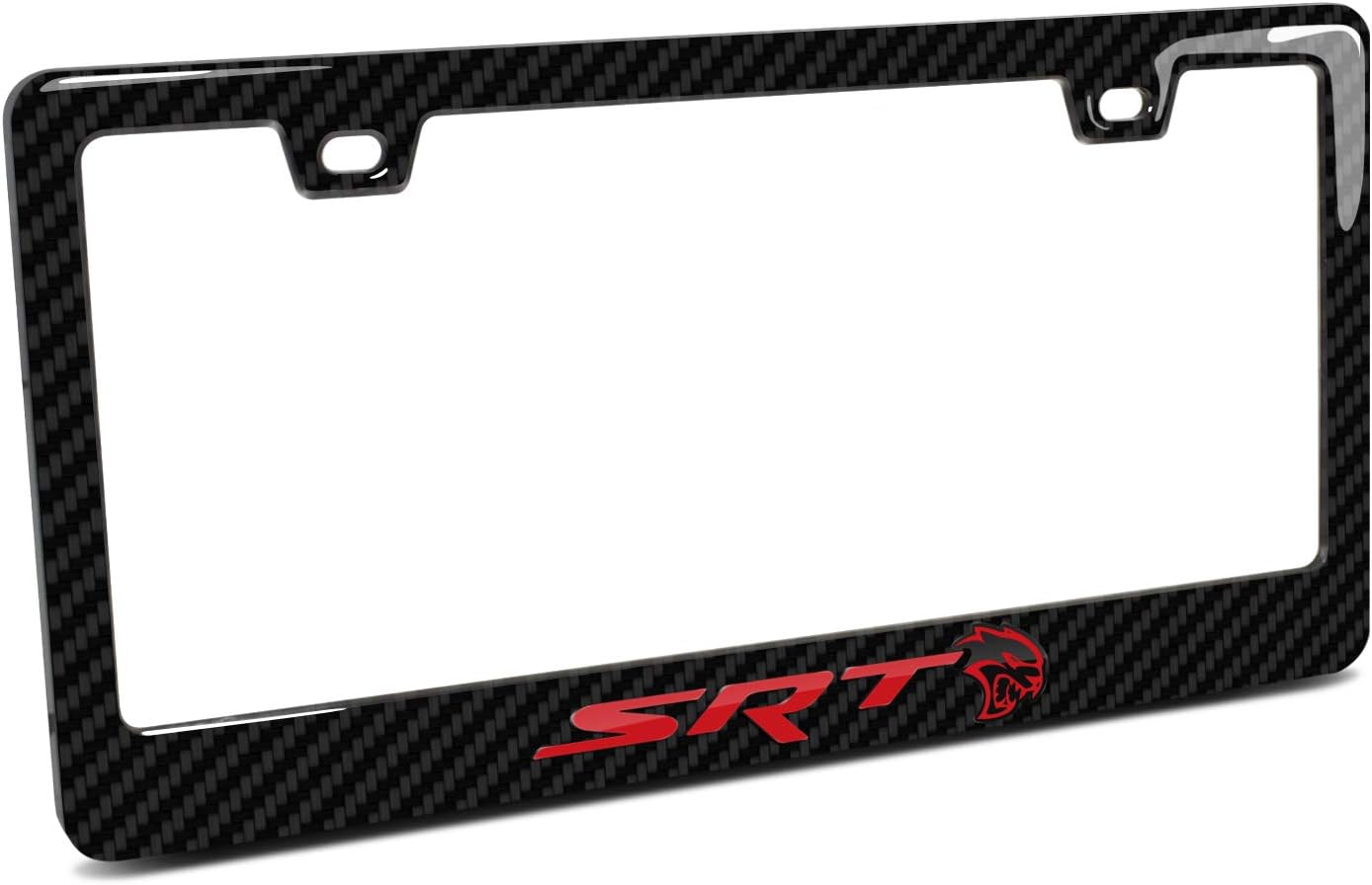 iPick Image for Dodge SRT Hellcat Red 3D in Dark Gray on Real Carbon Fiber ABS Plastic License Plate Frame
