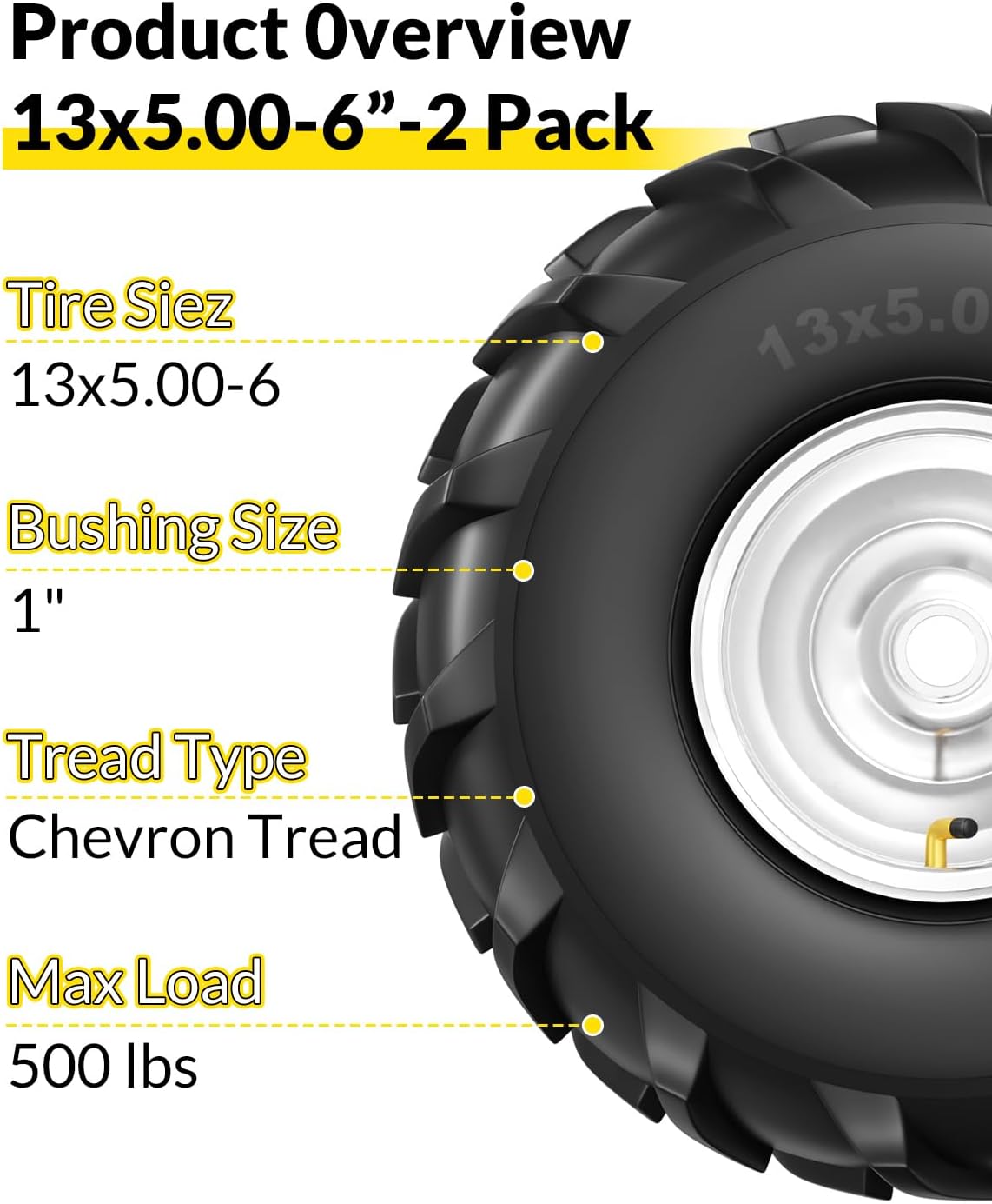 13x5.00-6 Rear Tine Tiller Tire and Wheel, 1" Axle Bore, 500Lbs Load, Easy to Install, 4 Ply Durable Pneumatic Replacement Rototiller Assembly for Garden Tiller & Farm Equipment, 2Pack Silver