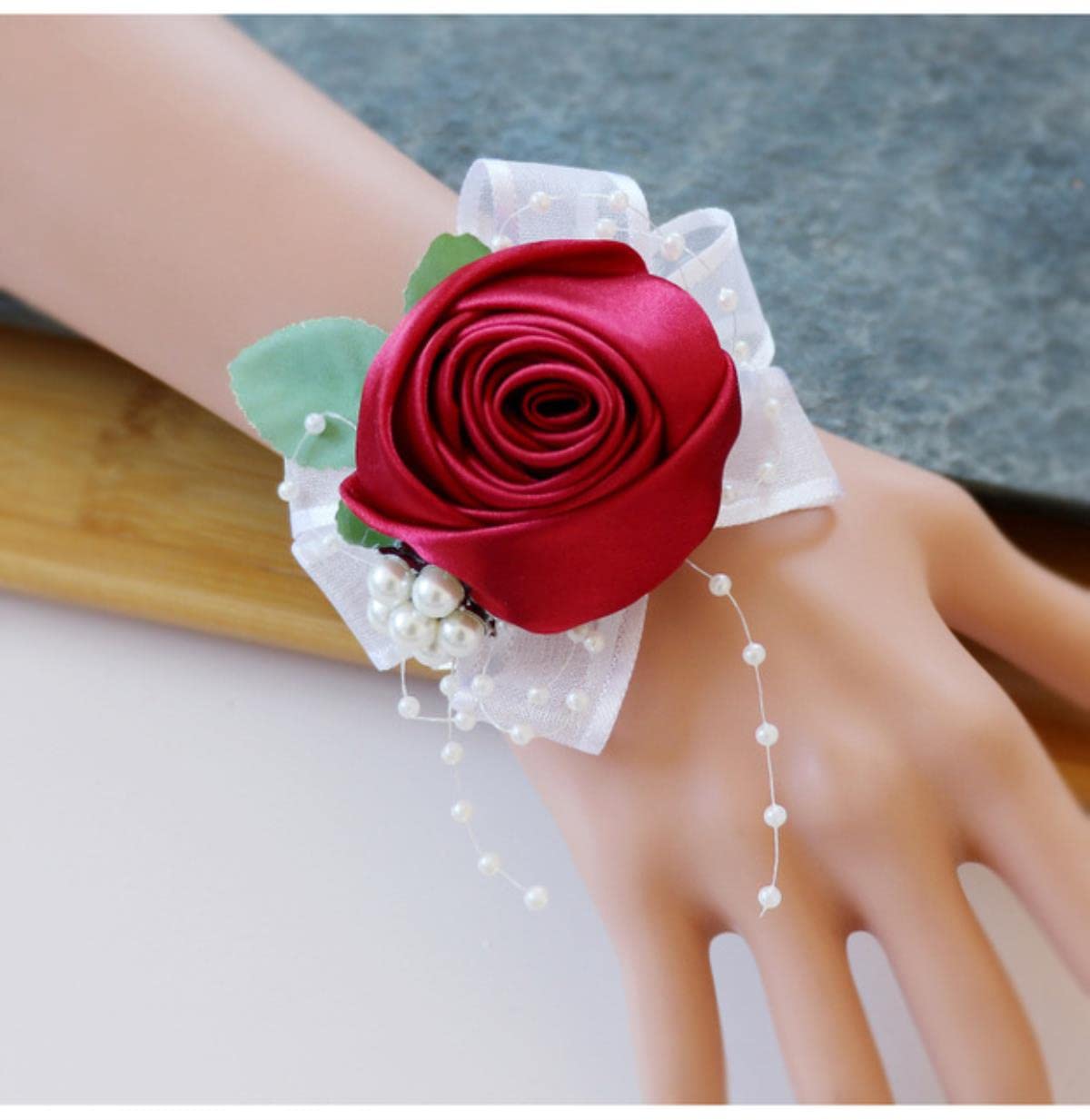 EEfpxwtz Prom corsage wrist flower， Artifici Flowers Wrist Corsage Brsmaid Wedding Groomsmen Boutonniere Multicolor(Burdy)