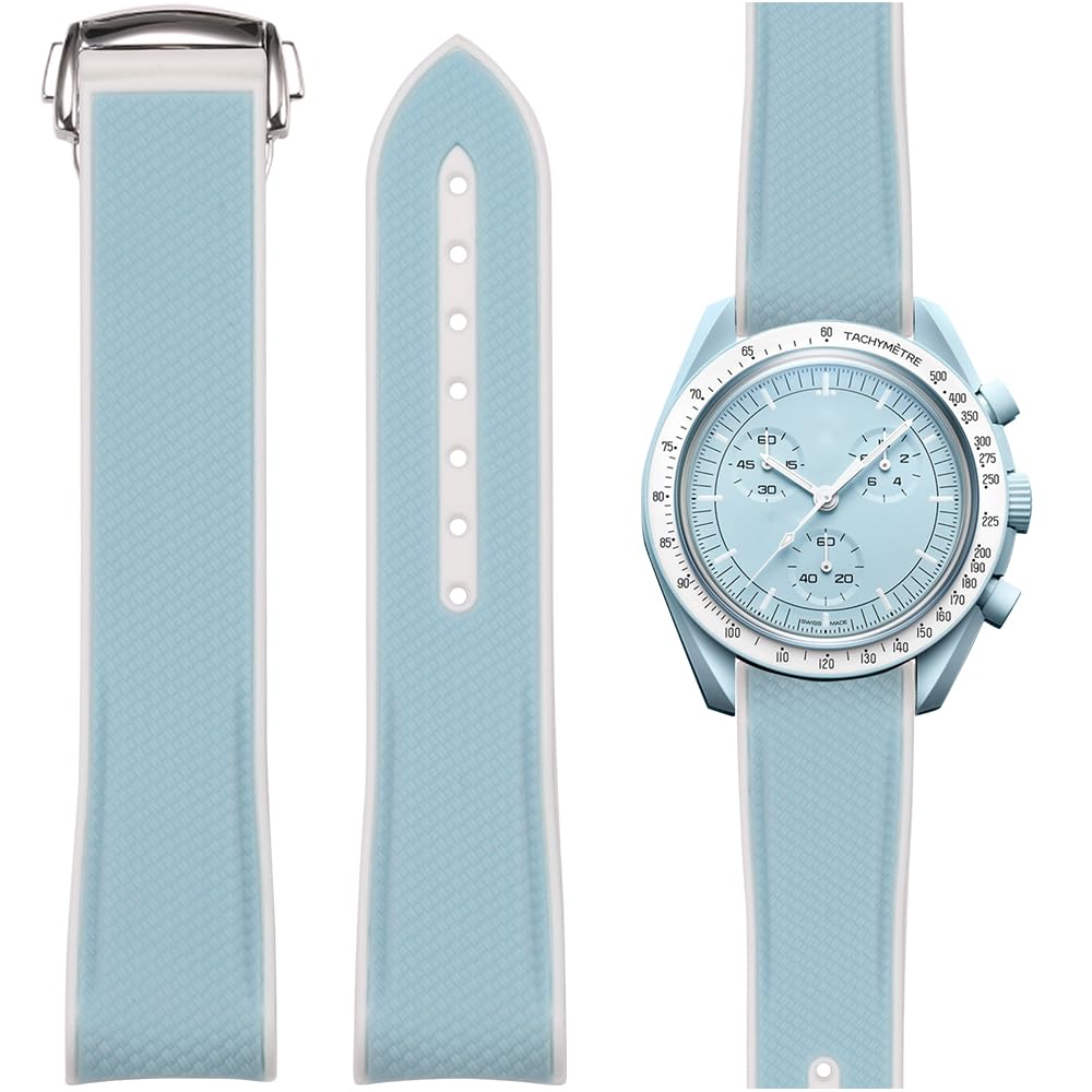 Feyert 20mm Curved End Rubber Strap Compatible with Omega Watch Replacement Band Men Women (Skyblue white)