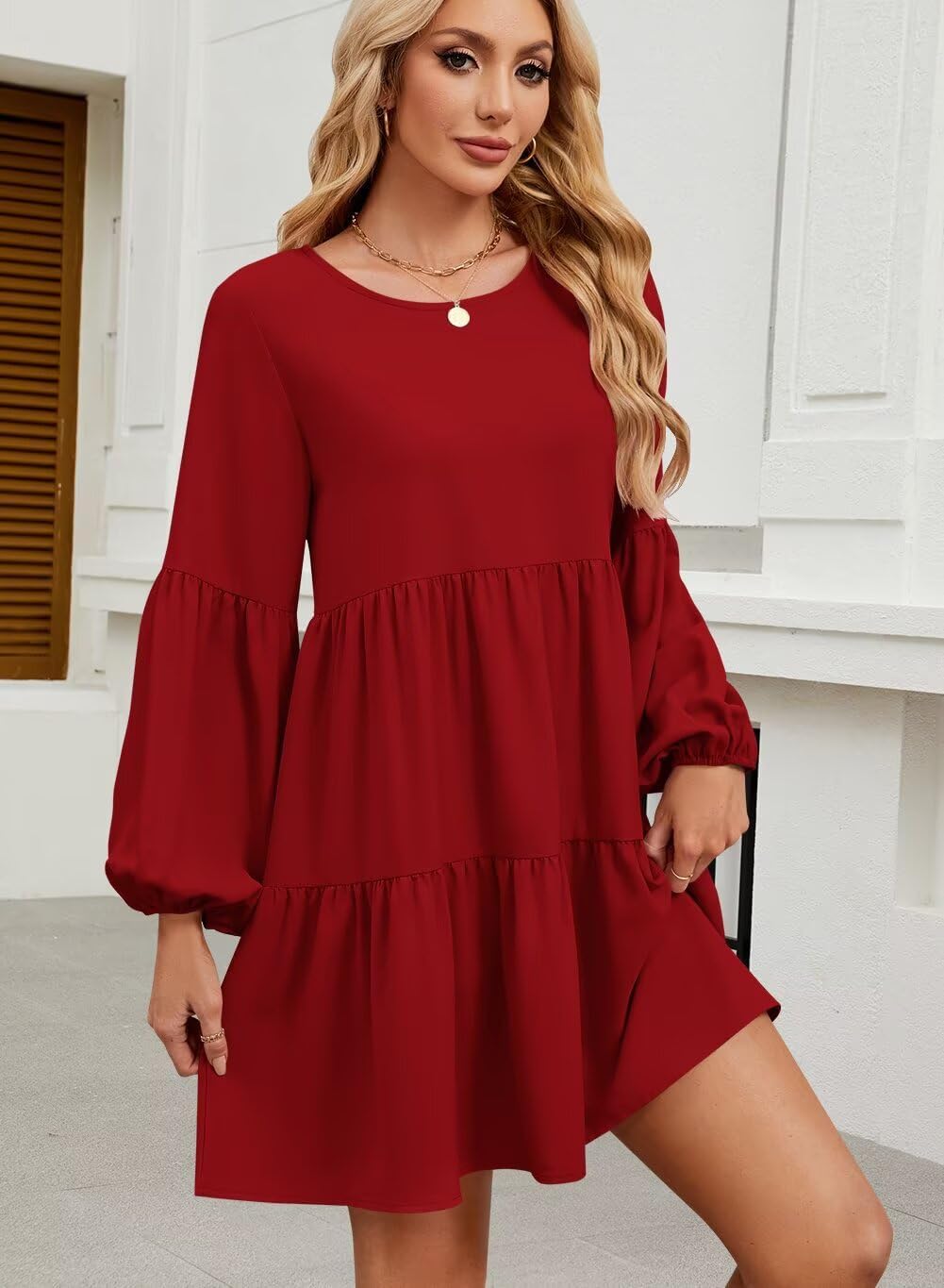QACOHU Falll Dresses for Women 2026 Crew Neck Long Lantern Sleeve Casual Loose Flowy Swing Shift Dress - Image 2