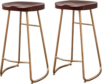 Modern Bar Stools Set Counter Height Dining Chairs Wood Saddle Seat Bar Stool with Iron Rod Legs Set of 2 Barstools Kitchen Island Stool Backless75CM