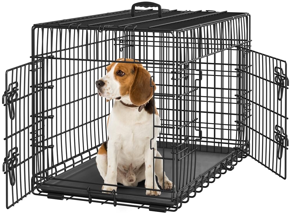 Yaheetech Hundekäfig 90 x 56 x 63 cm klappbar mit Trennwand, 2 Türen, Hundebox für zuhause mit ausziehbare Bodenschale, Transportkäfig Auto, Hundetransportbox Drahtkäfig für Hunde Welpe, L, Schwarz