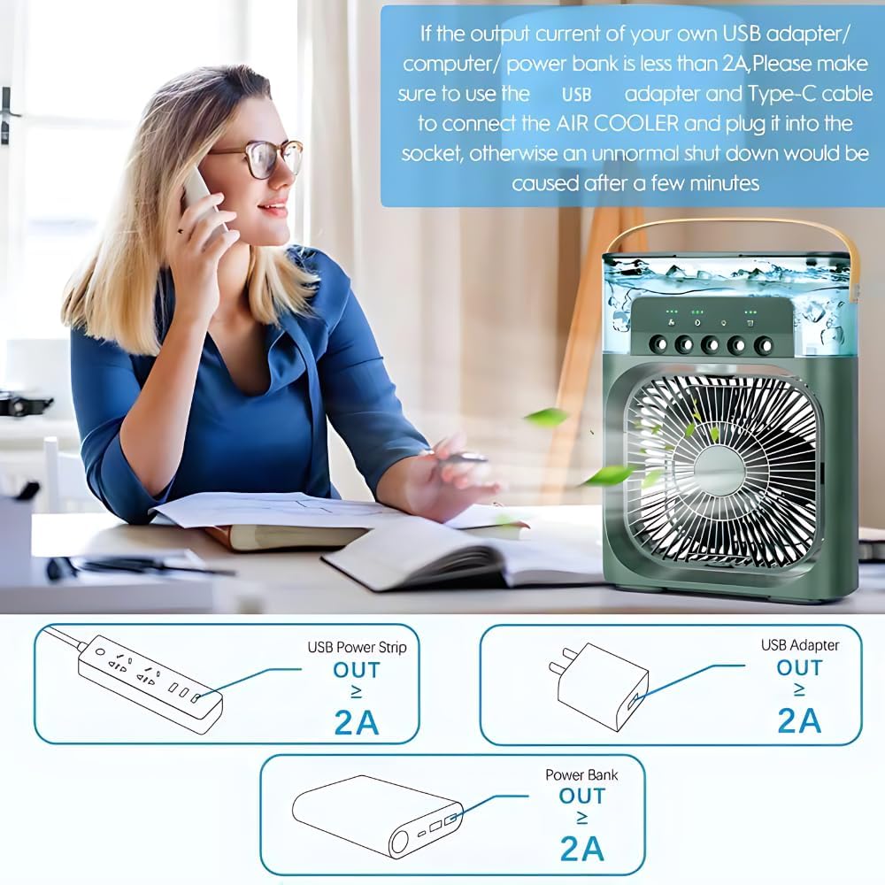 Portable Humidifier Mini AC, Table Fan, Desk Fan with USB-Powered, 3 Speed Modes, Mist Function, 7 Colors LED Light, 1/2/3 H Timer Personal Use for Office, Home, Dorm, Travel, Office (Green) 3