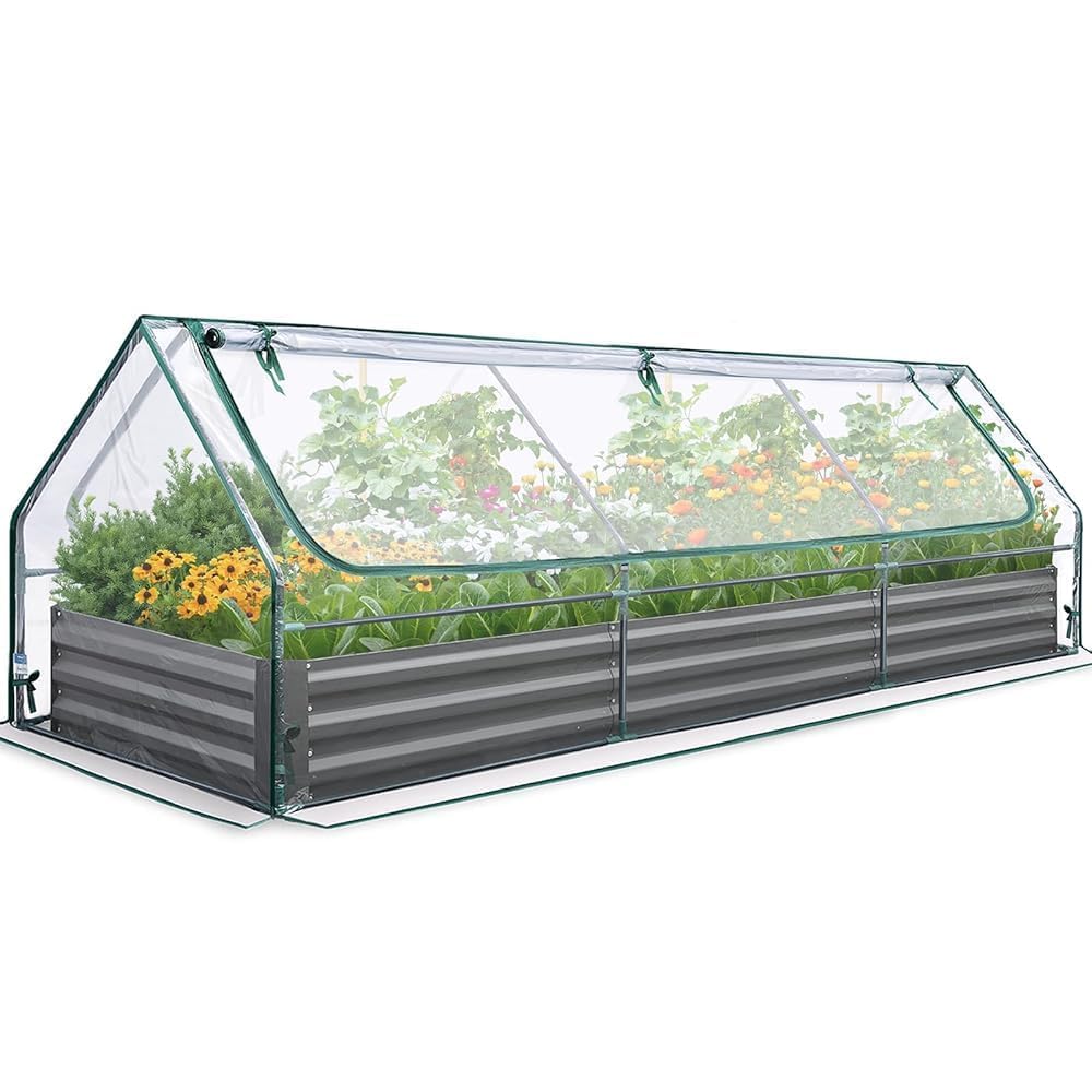 Quictent Galvanized Metal Raised Garden Bed with Mini Greenhouse Cover, 3-in-1 Large Planter Box for Gardens, Backyards & Patios, 8x4ft
