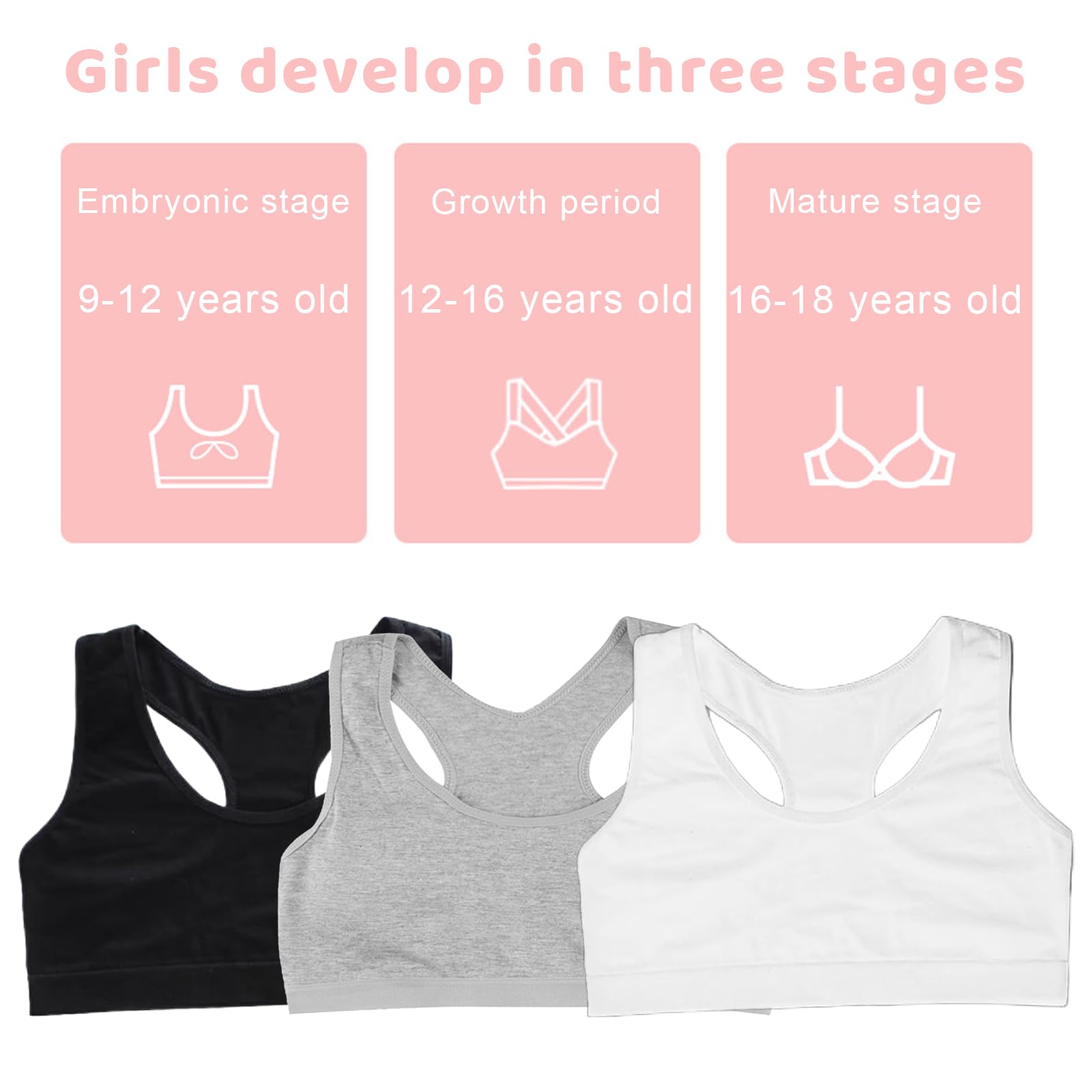 3 Pezzi Reggiseno Top Bimba Bambina Brassiere, Intimo Senza Ferretto, Canottiere Corte Reggiseni Bustier per Ragazze, Sportivi in Cotone Bambina Ragazza Sportivi per Bambine(Bianco Nero Grigio)