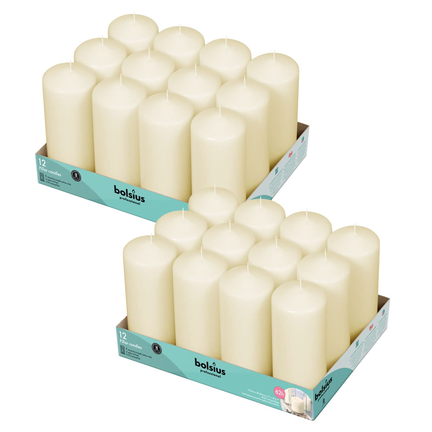 BOLSIUS Ivory Pillar Candles - 2.7x6.7 Inches - 2 Packs = Total 24 Candles - 62+ Hours - Premium European Quality - Consistent Smokeless Flame - Unscented Dripless Pillars