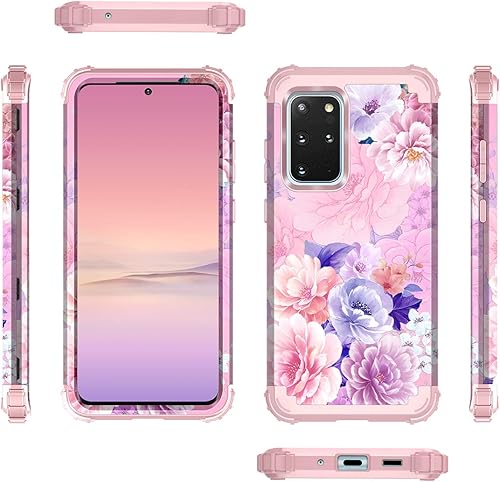 Miniatura 2 de Casetego Funda para Galaxy S20 Plus, S20+, diseño floral de tres capas, resistente, resistente, a prueba de golpes, cuerpo completo, policarbonato