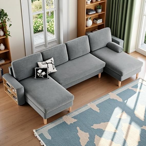 DWVO 109'' U-Shape Sectional Sofa, 4-Seater Sofa with Double Chaise, Storage Armrests & Cup Holder, Thick Cushions, Durable Wood Frame for Living Room, Apartment, Office, Light Gray