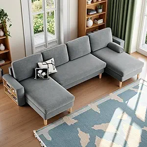 DWVO 109'' U-Shape Sectional Sofa, 4-Seater Sofa with Double Chaise, Storage Armrests & Cup Holder, Thick Cushions, Durable Wood Frame for Living Room, Apartment, Office, Light Gray