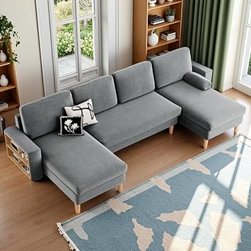 DWVO 109'' U-Shape Sectional Sofa, 4-Seater Sofa with Double Chaise, Storage Armrests & Cup Holder, Thick Cushions, Durable Wood Frame for Living Room, Apartment, Office, Light Gray