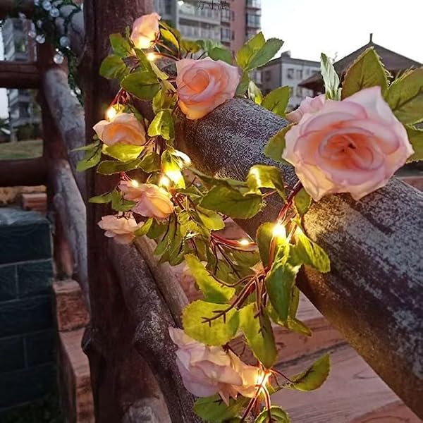 AMZSTAR Solar Rose Vine String Lights Outdoor Decorative Artificial Rose Flower Ivy Garland Light,Waterproof Solar Fairy Light Champagne Roses Decor for Balcony Fence Wedding Party (5m 50LED) by AMZSTAR - Used condition - Image 8