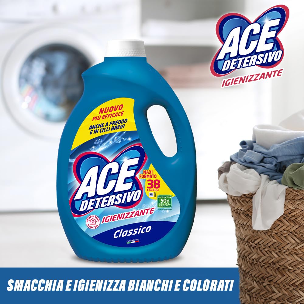 ACE Detersivo Igienizzante Classico – Detersivo Liquido Lavatrice, Rimuove Macchie e Sporco, Igienizza Tessuti, Bucato Pulito e Fresco anche a Freddo, Formula Efficace e Profumo Duraturo, 152 lavaggi