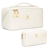 Birthday Gifts for Women Teen Girl, Personalized Initial Makeup Organizer Bag Set, Open Flat Travel Cosmetic Bag With Clear Divider and Handle(Beige,A)