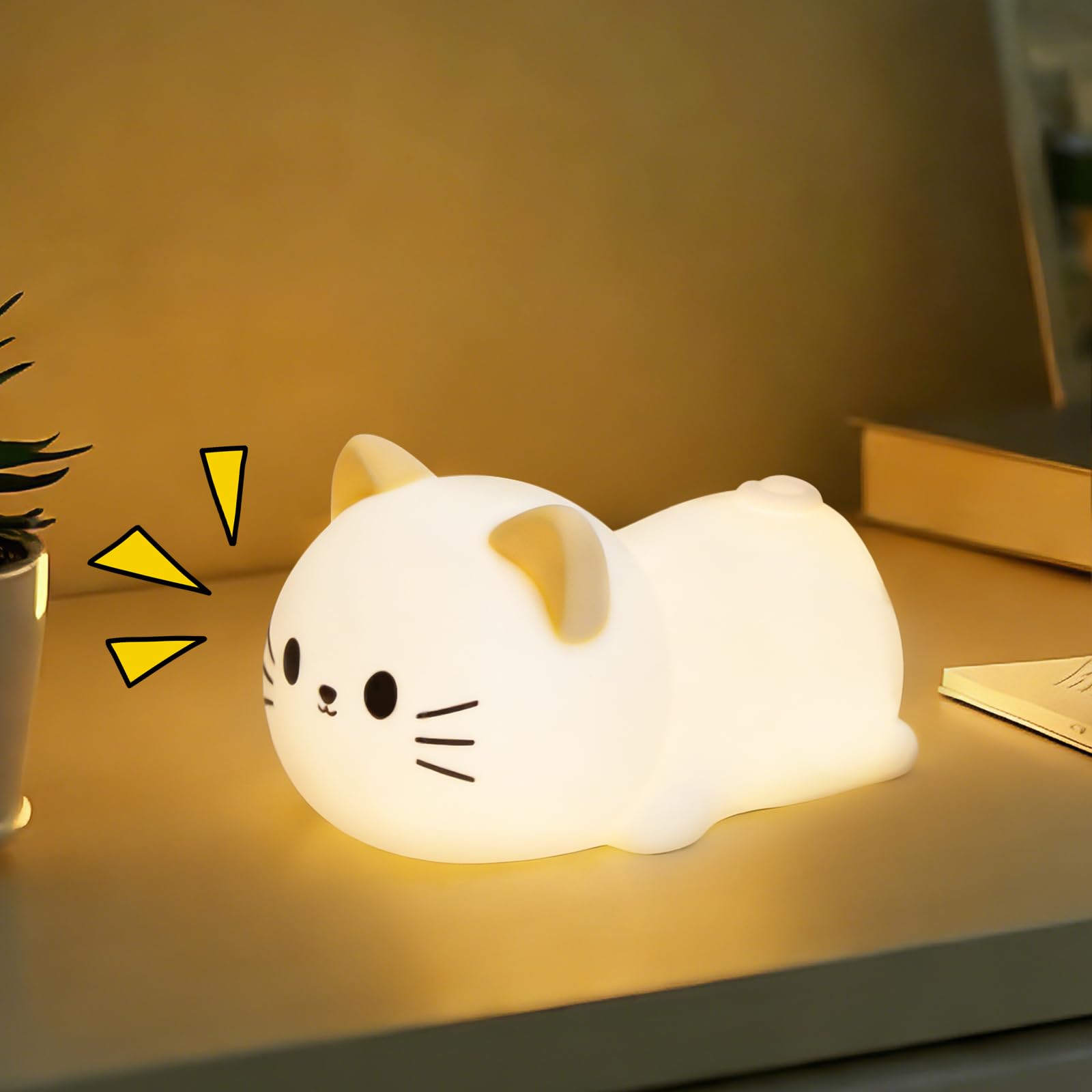 Katzen-Nachtlicht und Lampe für Baby-Kinderzimmer – weich liegendes Kätzchen-Nachtlicht, dimmbar und 7 RGB-Farben, umschaltbarer Tier-Sound, wiederaufladbar, BPA-frei, gut als Raumdekoration