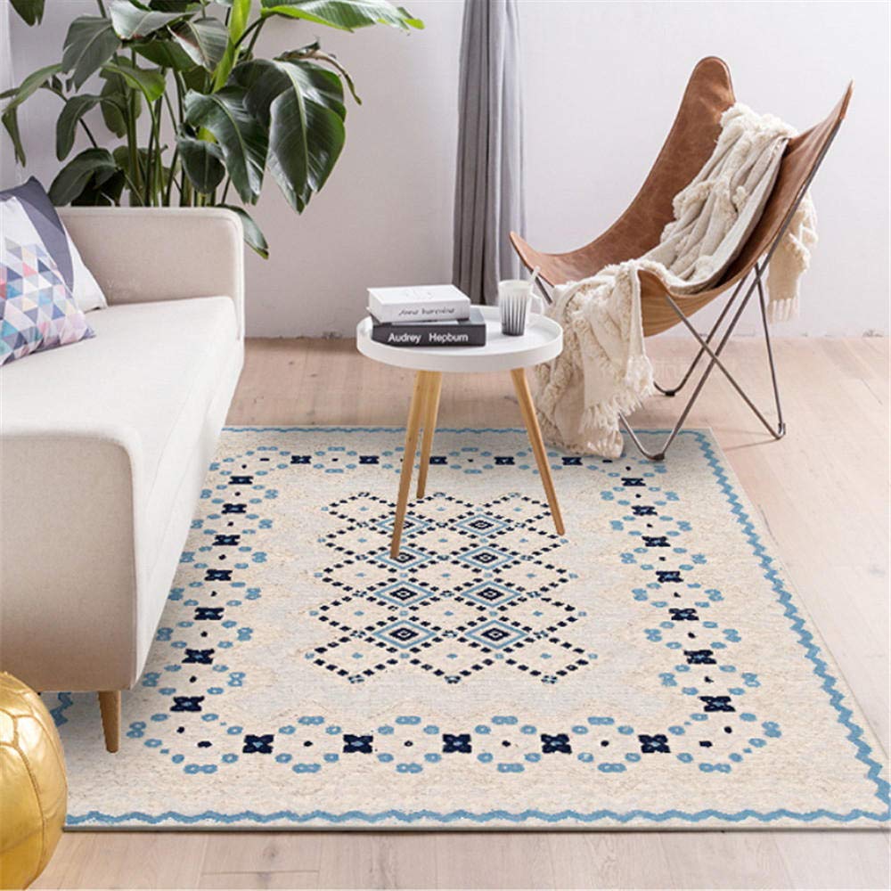 Tapis de salon beige bleu géométrique 80x120cm entretien facile