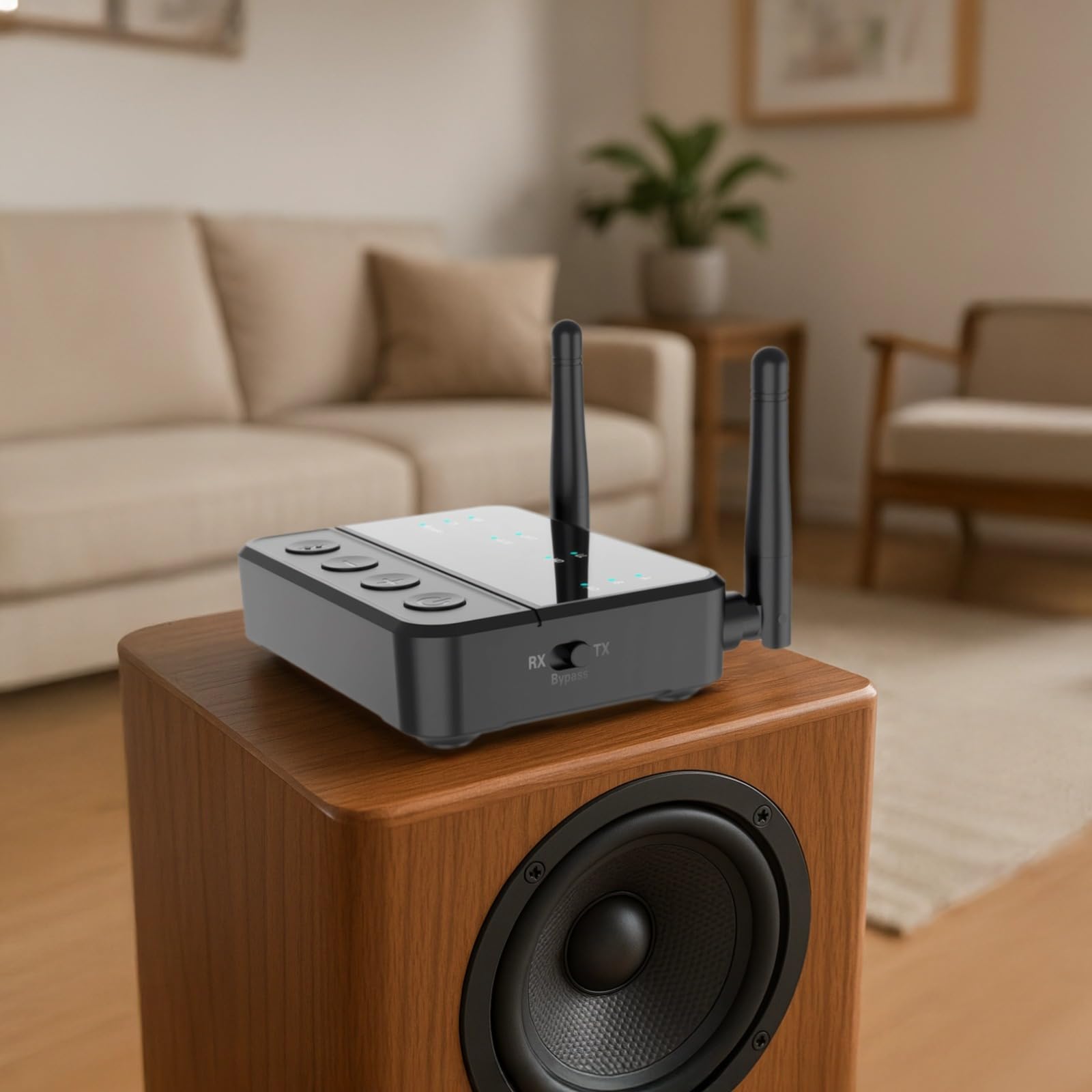 Receptor transmisor inalámbrico 5.2 para televisión/estéreo doméstico, aptX HD/LL HiFi adaptador de audio con AUX óptico, antena dual, 66.6 pies de largo alcance, 950 mA