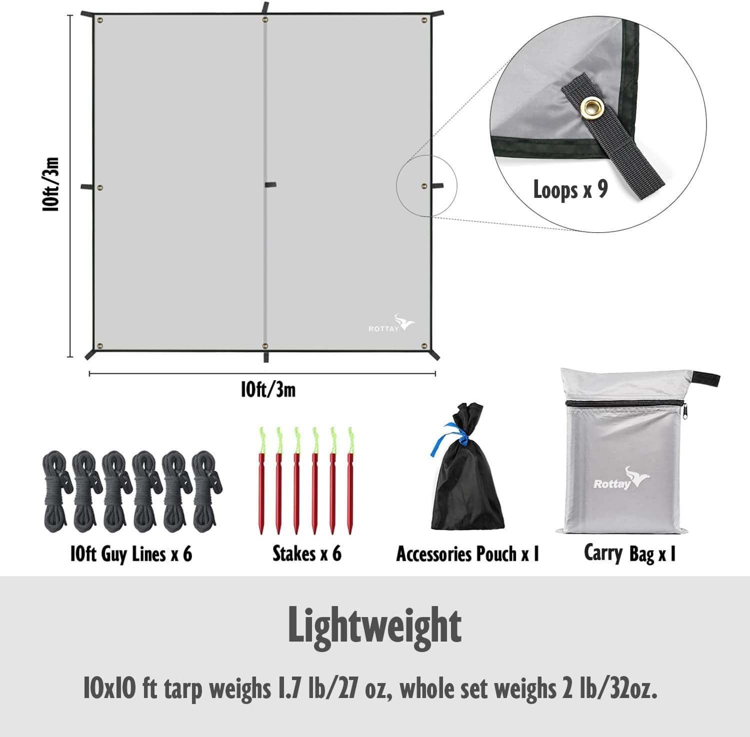 ROTTAY Waterproof Camping Tarp, Lightweight Hammock Rain Fly Sunshade, Tent Footprint Backpacking Tarp for Camping, Hiking and Outdoor Activities