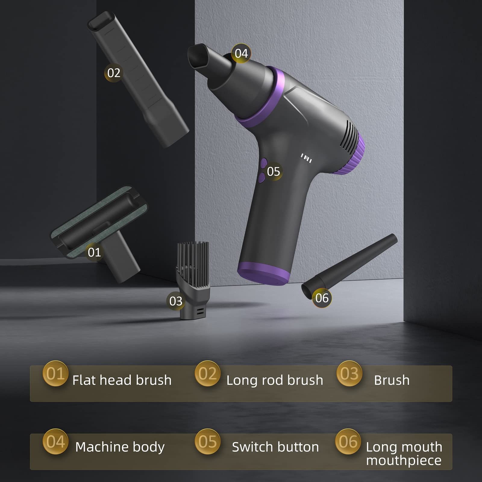 Plumero de Aire inalámbrico de 78000 RPM, Aspirador de Coche 2 en 1, soplador de Polvo de Mano, Pistola de soplado de Aire comprimido para Interior del Coche, hogar, Oficina, 15000mah