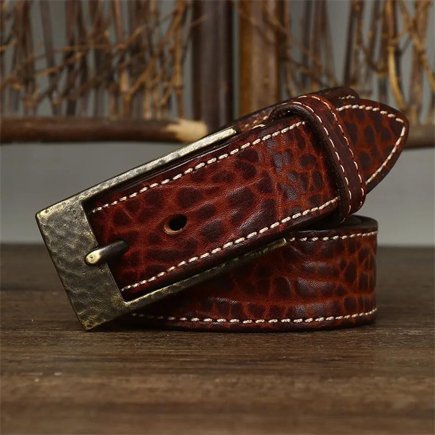 Pohullan Mens 3.8cm Belts Retro Thick Leather Belt Brass Buckle Casual Jeans Belts3