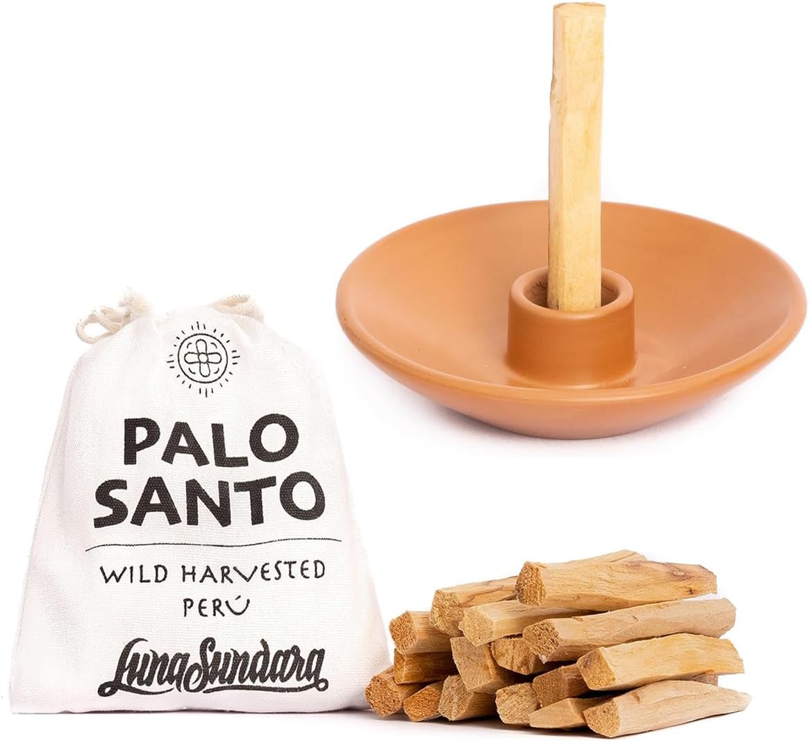 Luna Sundara's Palo Santo and Authentic Chulcanas Palo Santo Holder Perfect Combination for Smudging with Real Peruvian Artisan Ceramics