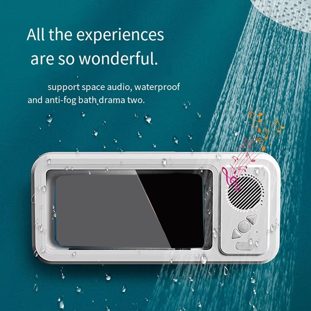 Porte-Téléphone de Douche avec Haut-Parleur Bluetooth, Écran Tactile Étanche IPX4 pour la Salle de Bain - Blanc