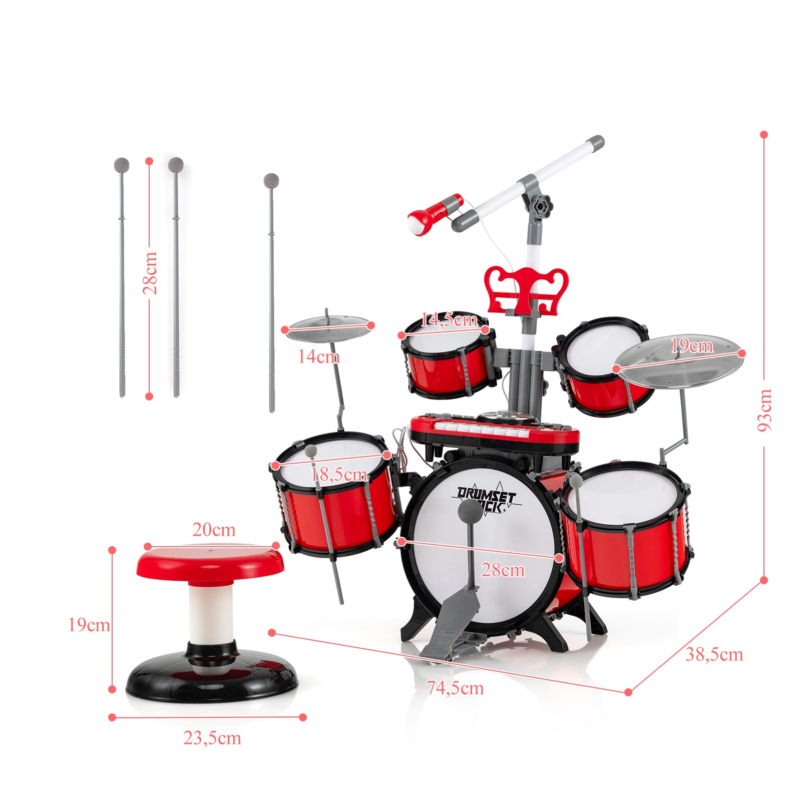 GYMAX Batteria Elettronica per Bambini, Batteria Jazz con Microfono, Libreria per Percussioni, Pedale di Base e Sgabello per Batteria, Strumento Musicale per Bambini dai 3+ anni, Rosso