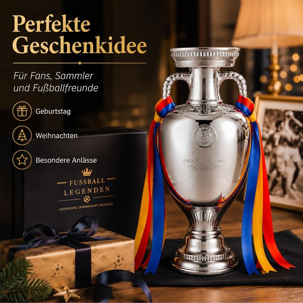 Europa Meister Pokal Replik aus Harz mit Galvanisiertem Silberlook | Fußballpokal Sammlerstück für Vitrine,Fanraum,Ideal als Sportandenken,Wohnaccessoire und Geschenk für Fußballfans und Sammler