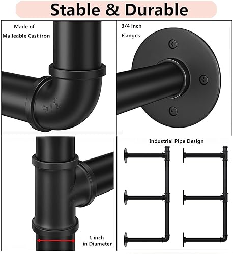 Miniatura 4 de Soportes industriales para estantes de tubería de montaje en pared, estantería negra abierta para cocina, soportes de estante flotante, soportes