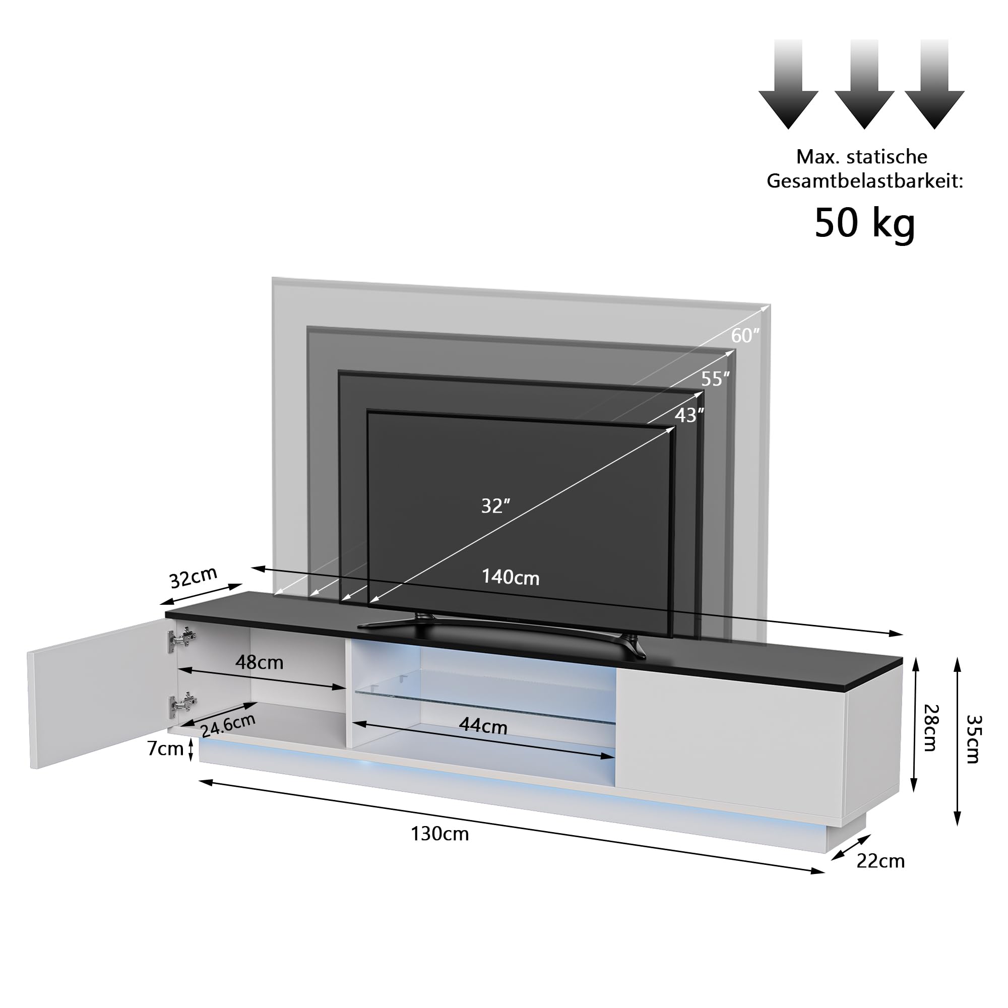 Szafka pod telewizor o długości 140 cm z diodami LED, nowoczesna szafka pod telewizor z 2 drzwiami i otwartymi półkami, podstawka pod telewizor do 65 cali biała szafka do salonu sypialnia (biały-2