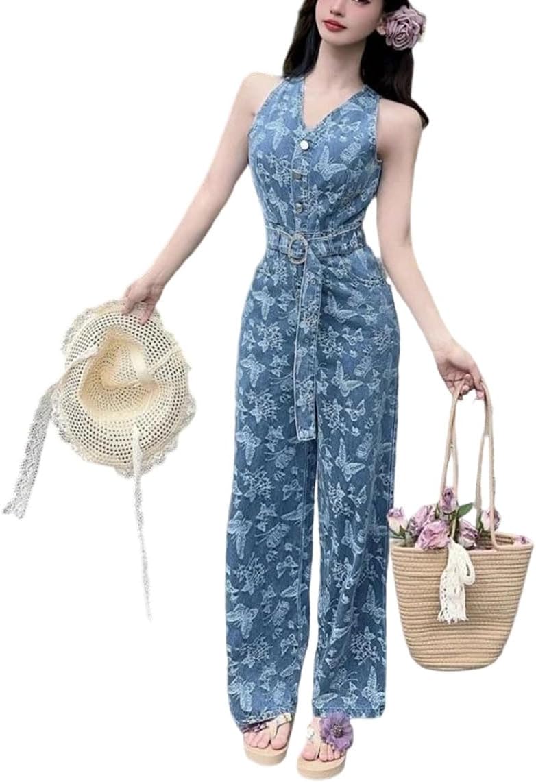 Women's Printed Two Piece Set Sleeveless V Neck Top High Waist Wide Leg Pants Outfit