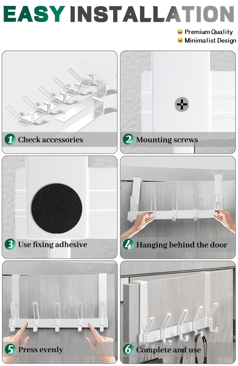 MIVITOOM Over The Door Hook Hanger with 5 Strong Coat Hooks for Hanging Clothes Towels Robes Space Saving for Bathroom Bedroom Living Room Door White - Image 4