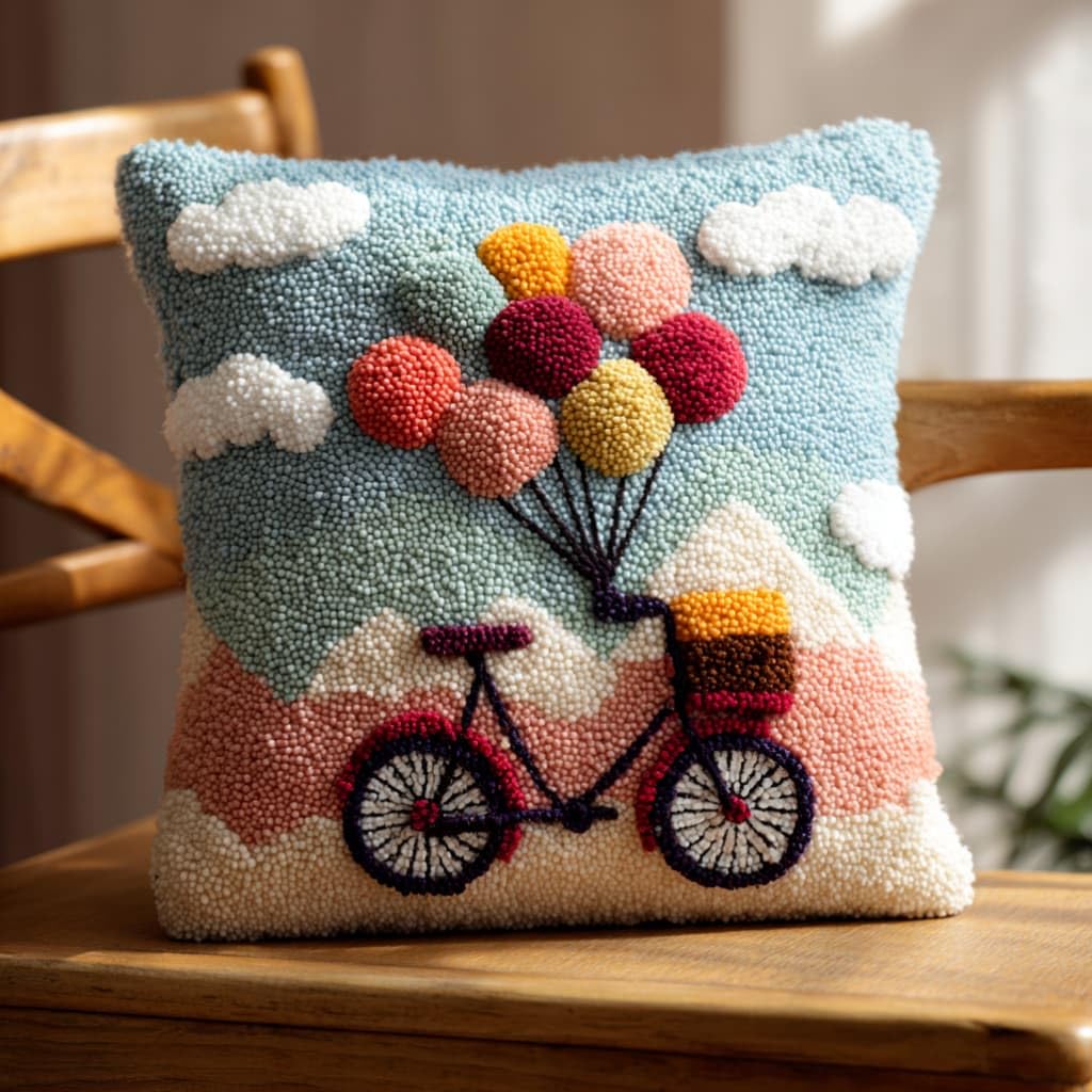 AxiangziK Latch Hook Kits for Adults Beginners,Bicycle Balloon Embroidery Kit Pillowcase DIY Kit Cushion Pillow Cover Car Cushion Cross Stitch Sofa Cushion Cover with Tool 43X43Cm