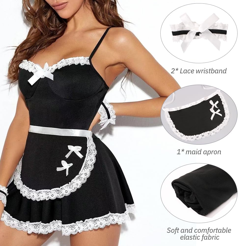 Women Sexy Maid Costume Contrast Lace French Maid Outfit Babydoll Lingerie Fancy Dress Role Play Apron Cosplay - Image 5