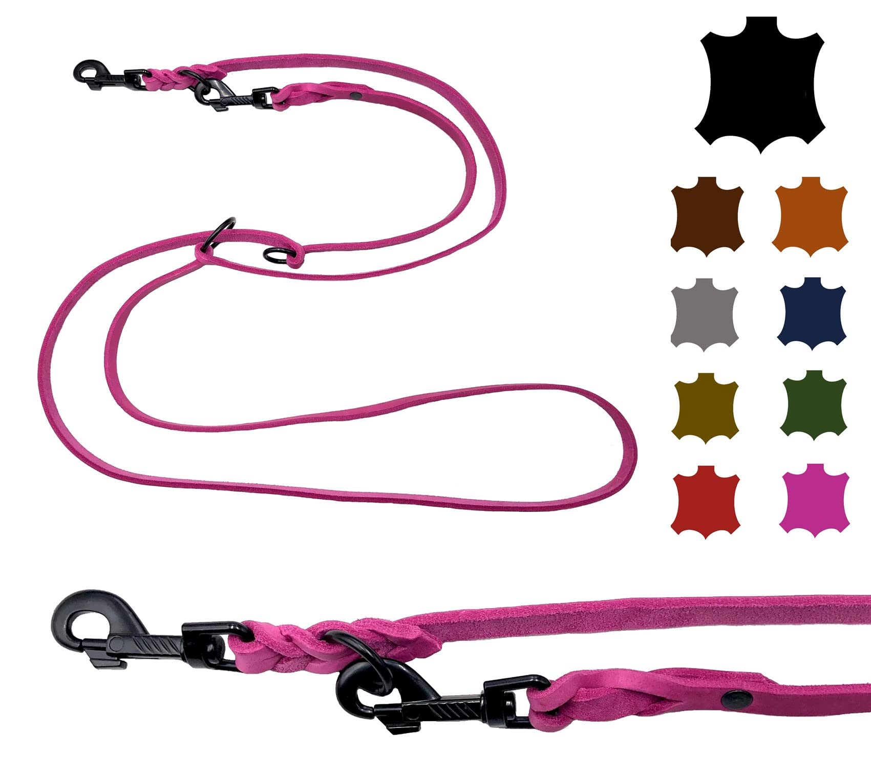 Hundeleine Fettleder kleine Hunde/große Hunde SCHWARZER Haken 2m / 2,40m / 2,80m / 3,50m / 5m Doppelleine verstellbar (2,40m X 15mm, Pink)