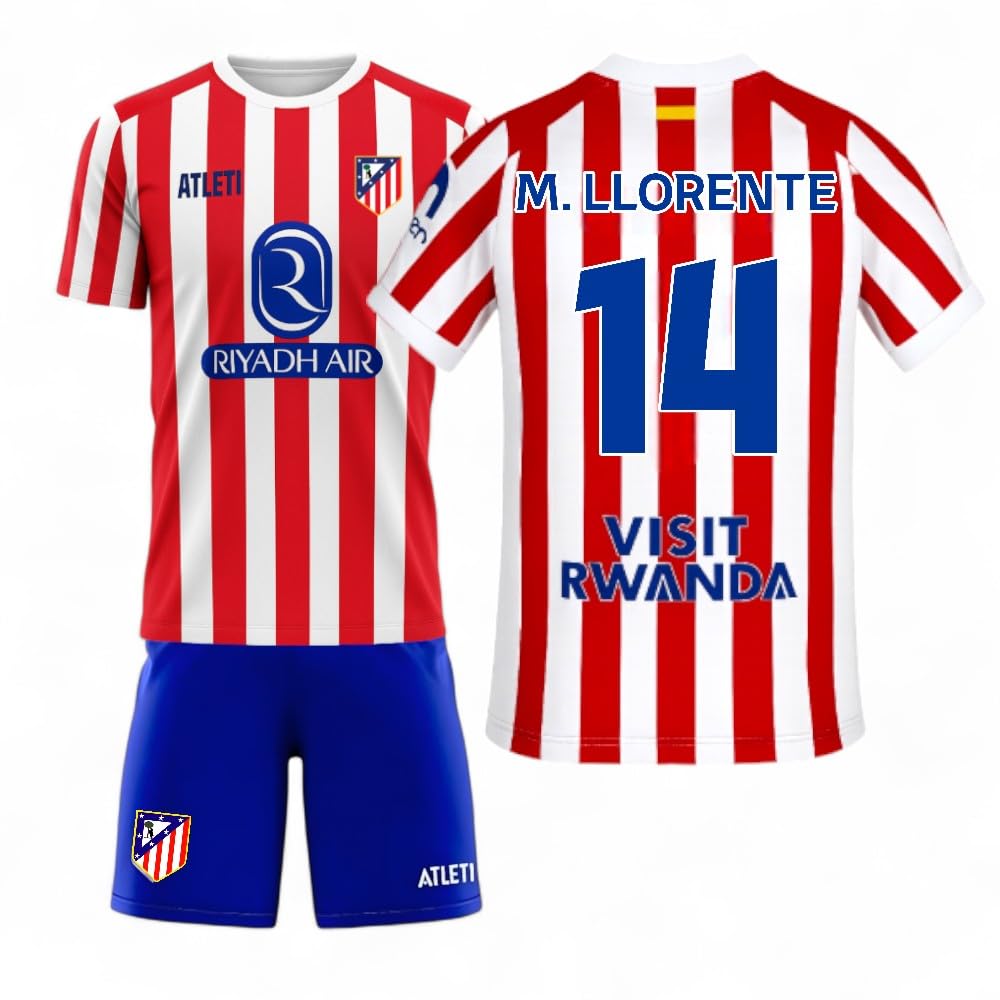 Atletico de Madrid - Camiseta + pantalon Oficial 25-26 | M. Llorente #14 | Primera Equipación | Producto Licenciado | Escudo Bordado Niño y Adulto | Unisex Rojiblanca