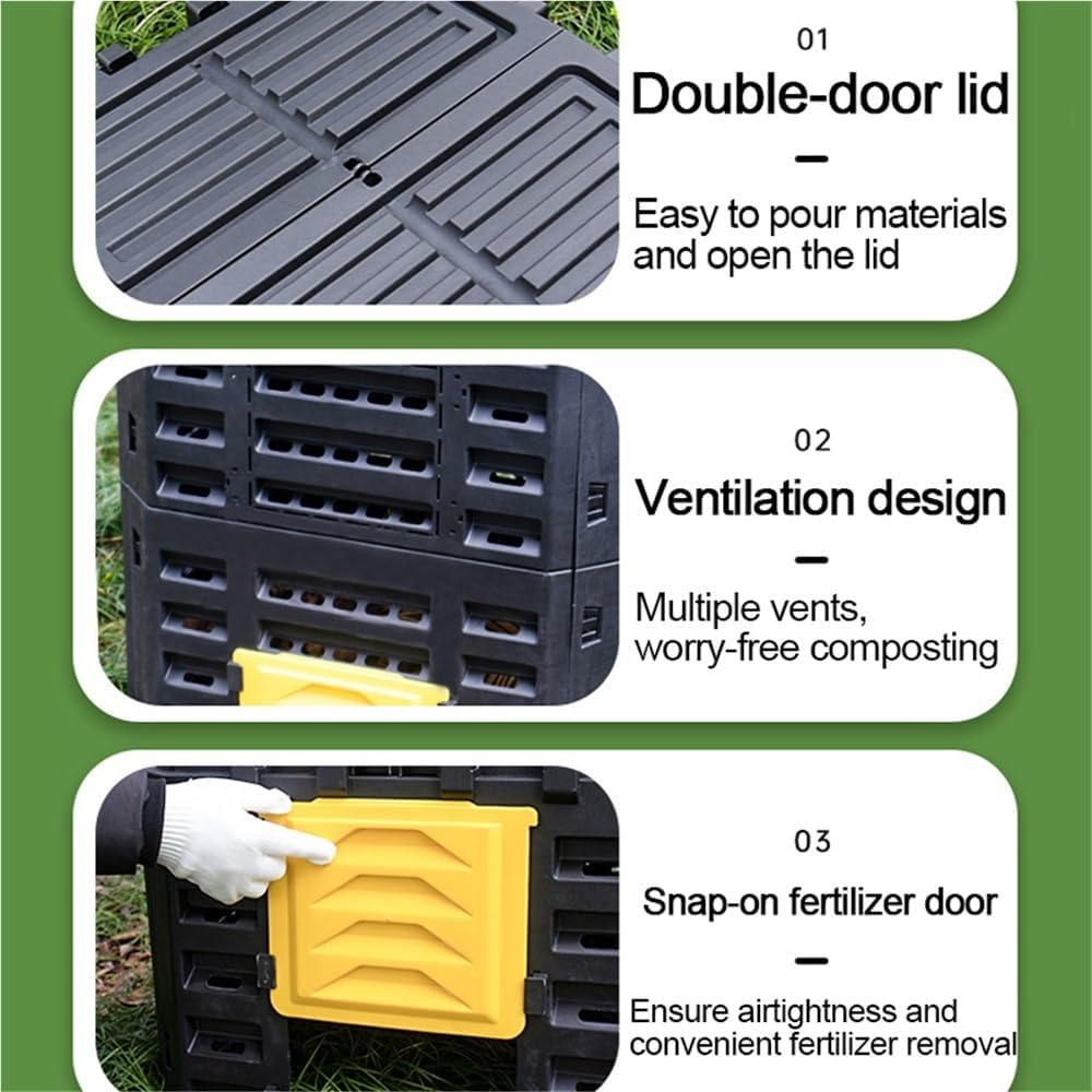 Diagram showing compost bin features: double-door lid, ventilation design, snap-on fertilizer door