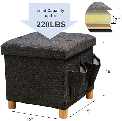 Miniatura 2 de WALTSOM Otomana plegable de almacenamiento, reposapiés cúbico, mesa de centro con patas de lana, bolsillos laterales, tapa de doble cara, acolchado