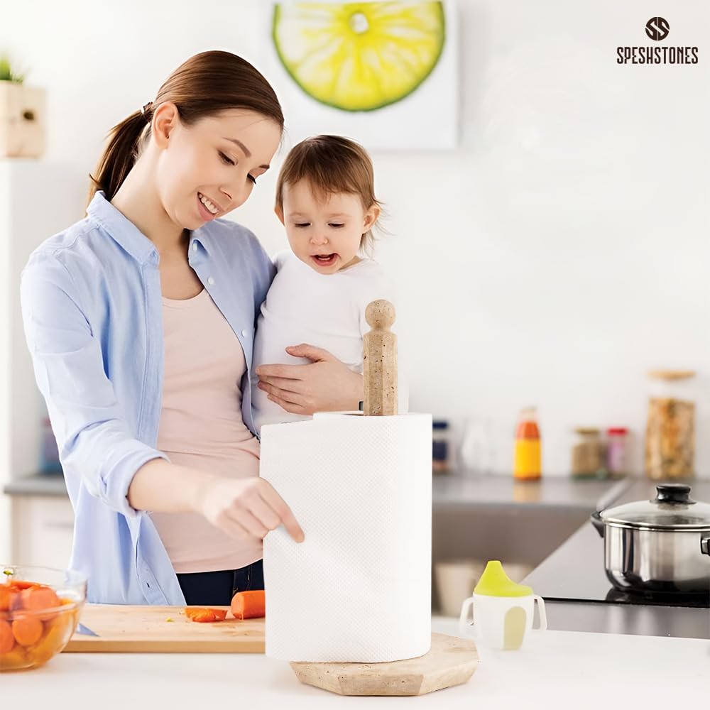SPESHSTONES Soporte para Toallas de Papel de mármol travertino de 12.5 Pulgadas para Toallas de Cocina, Soporte para Rollo de Papel Hecho a Mano con Soporte