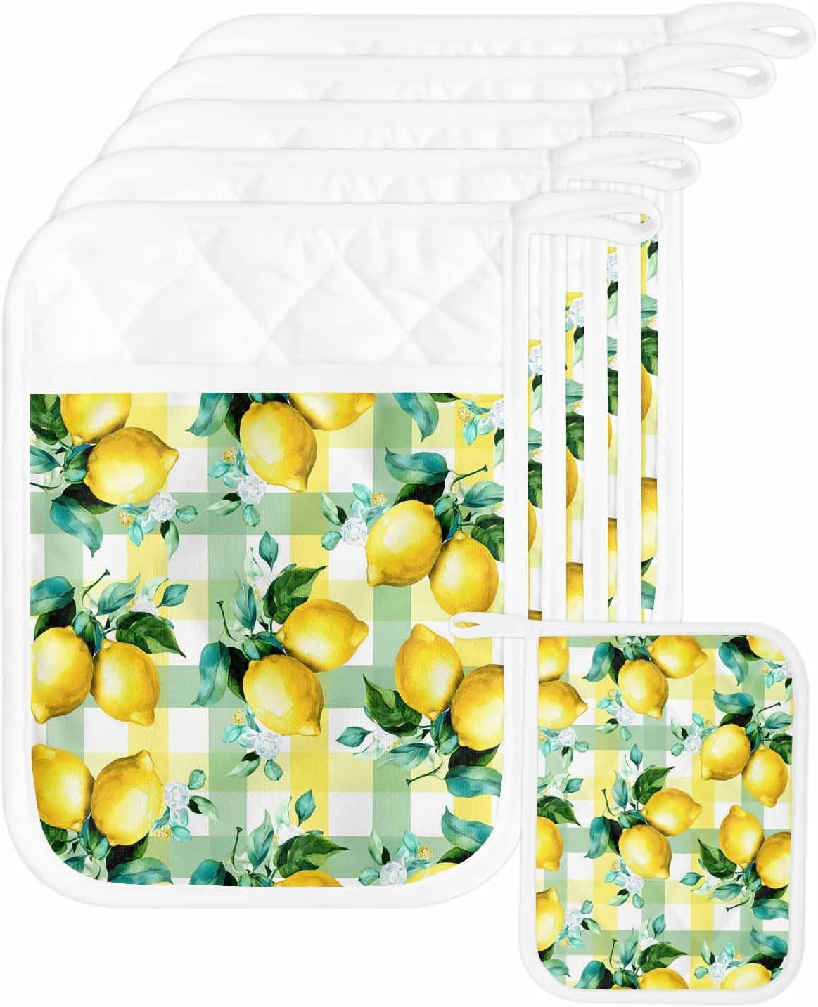 5 Pack Pot Holder with Pocket, Summer Lemon Fruit Green Leaf Kitchen Potholders Heat Proof Non Slip Pot Holders Sets, Light Yellow Green Check Hot Pads Potholder for Cooking Baking BBQ