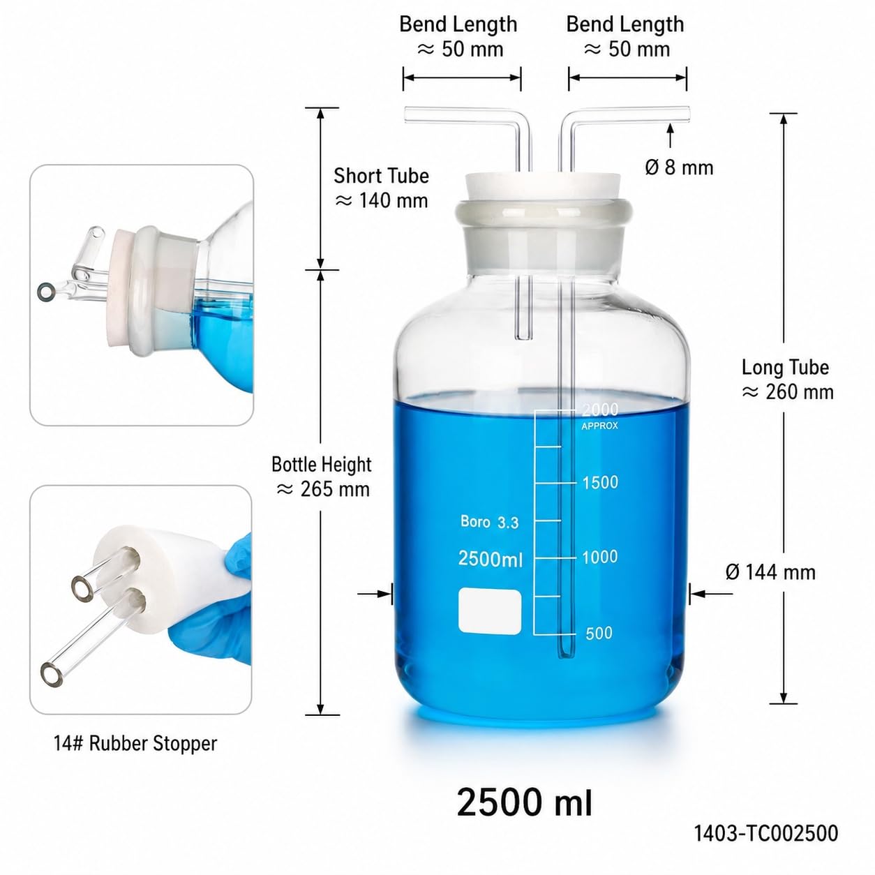 Graduierte Gaswaschflasche aus Borosilikatglas Chemielabor Set-2500ml