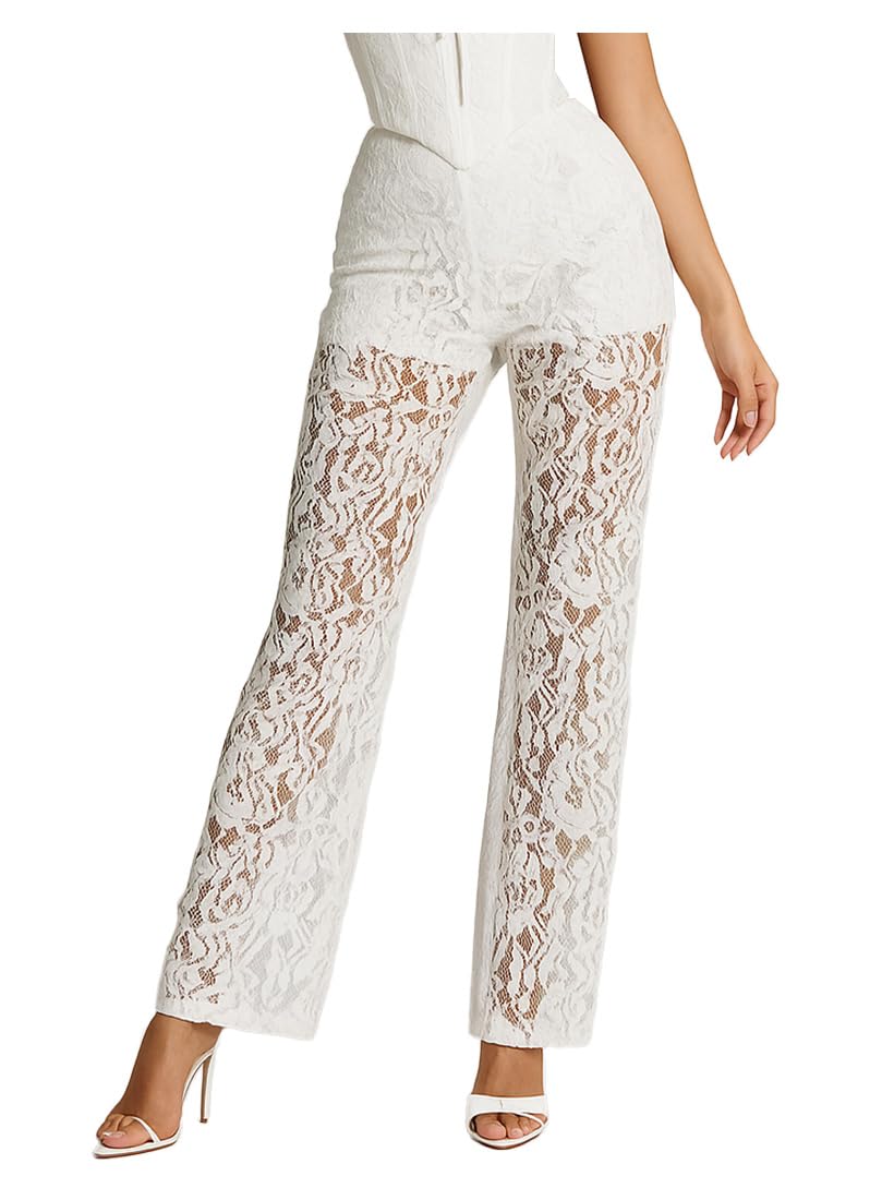 Floral Lace Pants for Women Sheer Mesh Elastic High Waisted Long Flare Pant