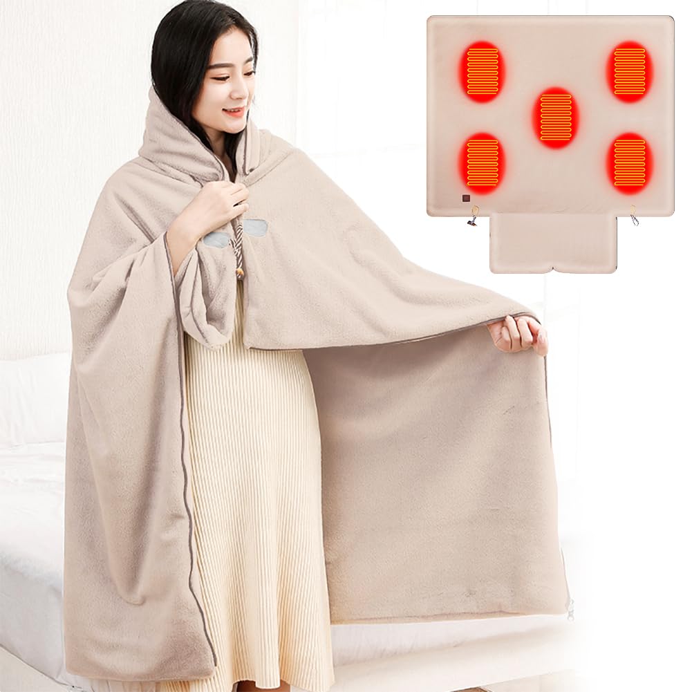 Woolala Coperta indossabile con cappuccio riscaldata USB 3 impostazioni di riscaldamento, lavabile in lavatrice, portatile, calda, morbida flanella, scialle riscaldata elettrica, per donne, uomini