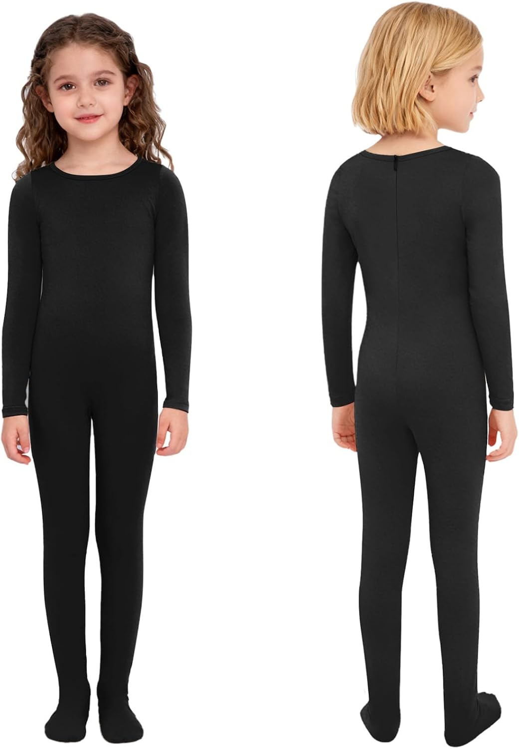 FEESHOW Girls Long Sleeve Gymnastics Unitard Solid Color Thin Fleece Figure Skating Footed Leotard Ballet Dance Bodysuit