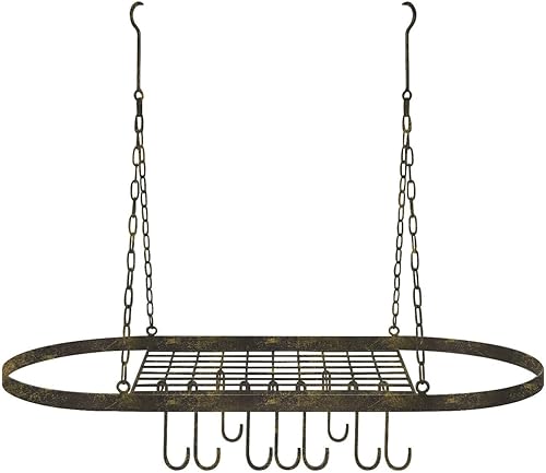 Estante para ollas y sartenes para techo con ganchos, almacenamiento decorativo montado en forma ovalada (colgante rústico)
