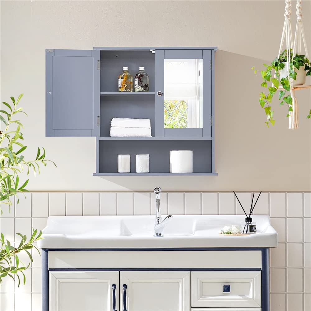 Yaheetech Armoire Murale de Salle de Bain, Placard de Rangement Toilettes 3 Niveaux, Étagères à Hauteur Réglable, 2 Portes et Miroirs, 56 × 13 × 58 cm Gris