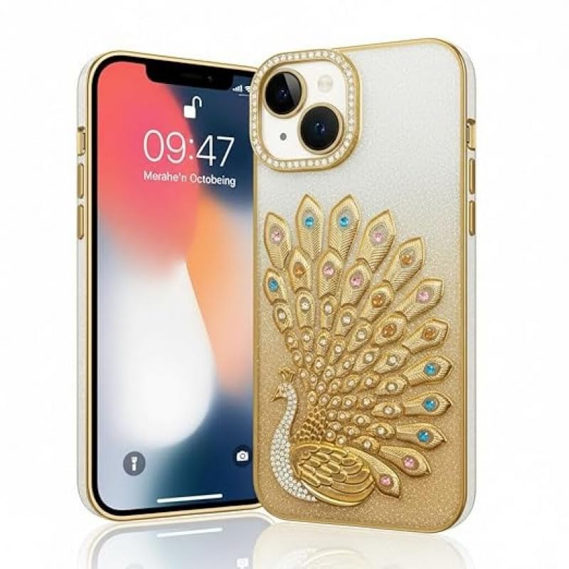 Image of mobistyle Designed for iPhone 15 Plus,3D Diamond Luxury Electroplate Glitter Peacock Tail Bling Design Camera Protection Shockproof Phone Back Cover Case for (Gold, iPhone 15 Plus)